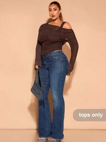 SHEIN BAE Plus Size Green Off-Shoulder Asymmetrical Trumpet Long-Sleeved Camisole Fake Two Elegant And Sweet Tops, Suitable For Daily Outings And Dates - Coffee Brown - View 5