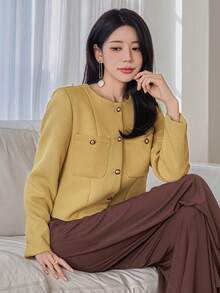 DAZY Women's Elegant Plain Texture Round Neck Pocket Regular Jacket, Spring - Yellow - View 6