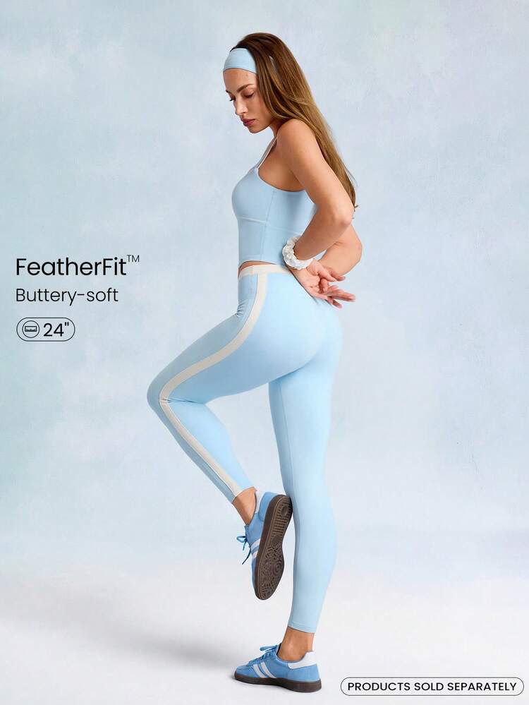 24" FeatherFit™ Mallas suaves y suaves con costuras contrastantes y rayas laterales, de 2 piezas, para yoga de bajo impacto, uso diario y casual