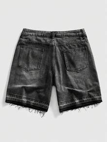 ROMWE MEN Street Life Pantalones cortos de mezclilla con bolsillo con letras de strass y dobladillo deshilachado para hombres - Gris - Ver 2