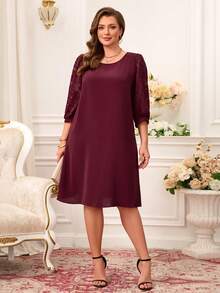 Miaspire Plus Size Women's Mesh Contrast  Red  Elegan Mother's Day Dress ,New Year Clothes/Winter - Burgundy - View 4