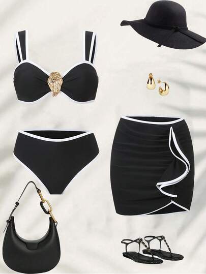 Swim Oasis 2026 New Spring/Summer 3 PiecesWomen Black Bandeau Swimsuit, Swim Shorts And Beach Skirt, Casual Holiday