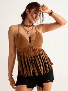 SHEIN VCAY Áo camisole cỡ lớn màu nâu cổ điển tua rua, chất liệu da lộn kết hợp ren móc, kiểu dáng lễ hội âm nhạc Bohemian, áo croptop hở lưng độc đáo cho đầu xuân/hè. - màu nâu - Xem 5