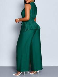 SHEIN PETITE CURVE 女士两件套纯色亚麻质感系带V领无袖上衣和阔腿裤套装 - 墨綠色 - 查看 4