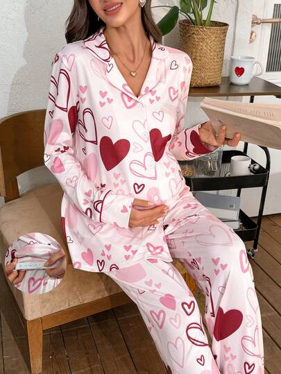 SHEIN Heart Print Lapel Long Sleeve & Pants Maternity Pajama Set, Suitable For Valentine's Day, Party