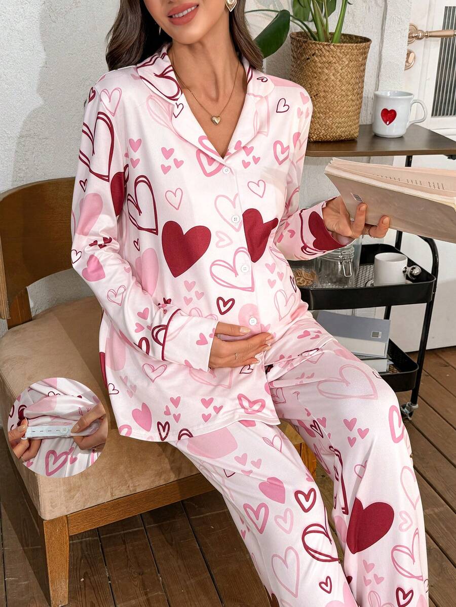 SHEIN Heart Print Lapel Long Sleeve & Pants Maternity Pajama Set, Suitable For Valentine's Day, Party - Pink - View 1
