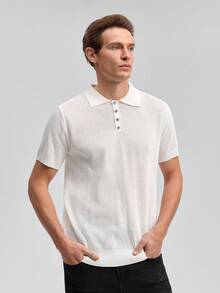 Officeau Men's Hollow Out Design Knitted Polo Shirt, Minimalist Style Suitable For Summer, Old Money Style - White - View 3