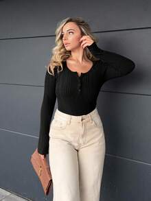 Jeta Ari 女士休闲针织百搭基本款圆领半扣罗纹针织长袖T恤修身T恤返校T恤教师T恤教师服装秋季女上衣秋季女装 - 黑色 - 查看 6