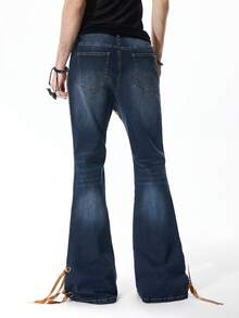 ROMWE MEN Street Life 男士时尚休闲拼接铆钉牛仔喇叭裤 - 藍色 - 查看 7