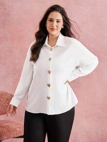 Juhart 大码女式长袖休闲木纹爱心衬衫 - 白色 - 查看 3