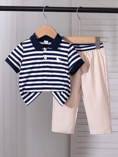 SHEIN 男婴休闲套装（2件套），彩色条纹恐龙刺绣Polo衫搭配卡其色休闲裤，夏季套装，适合3至24个月宝宝，休闲、旅行、度假、放松、日常穿着。