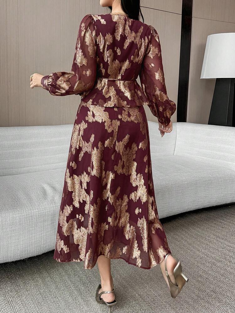 Women's Elegant Floral V-Neck Puff Sleeve Blouse And Skirt 2-Piece Set, Autumn/Winter