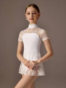 少女运动紧身衣，适合芭蕾舞、返校、校园锻炼、训练、比赛和休闲穿着。时尚弹力网眼长袖设计，舒适有弹性，是理想的舞蹈运动服。 - 白色 - 查看 5