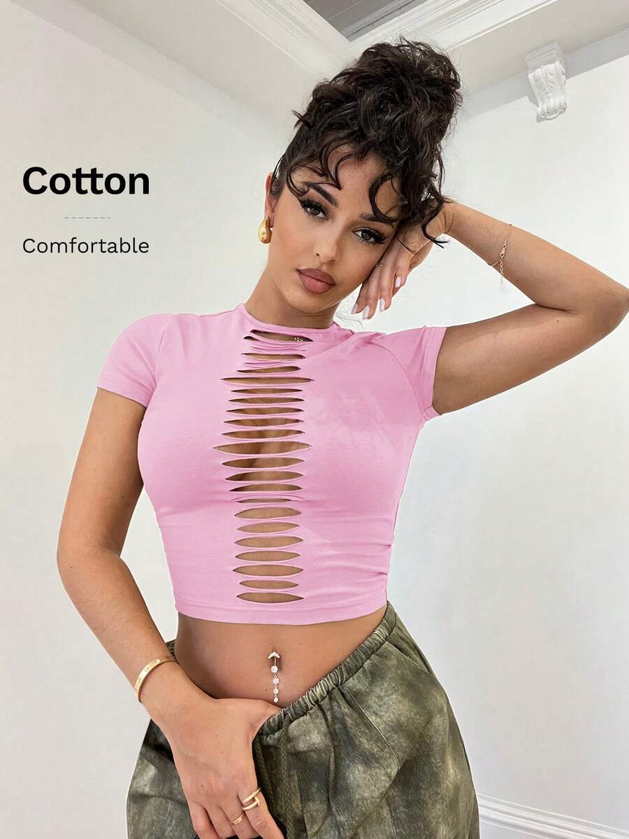 SHEIN BAE Solid Color Distressed Hollow Out Grunge Style Tight Top, Versatile For Music Festivals, Concerts, Casual Wear - Pink - View 1