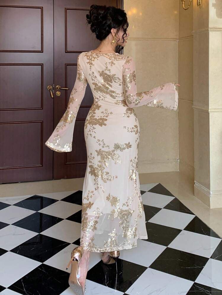 Women's Elegant Party Dress With Sequin Mesh Patchwork, Flare Sleeves And Mermaid Hem, Suitable For Spring, Summer And Autumn Maxi Dress Sundress Floral Dresses For Women