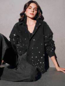 Anewsta 女士时尚魅力性感水钻浪漫派对度假黑色下摆做旧长袖衬衫 - 黑色 - 查看 3