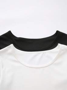 2pcs/Set Teen Girls' Black & White Leotards, Round Neck Dance Gymnastics Elastic Fitted Long Sleeve Bodysuit, Spring/Summer - Multicolor - View 4