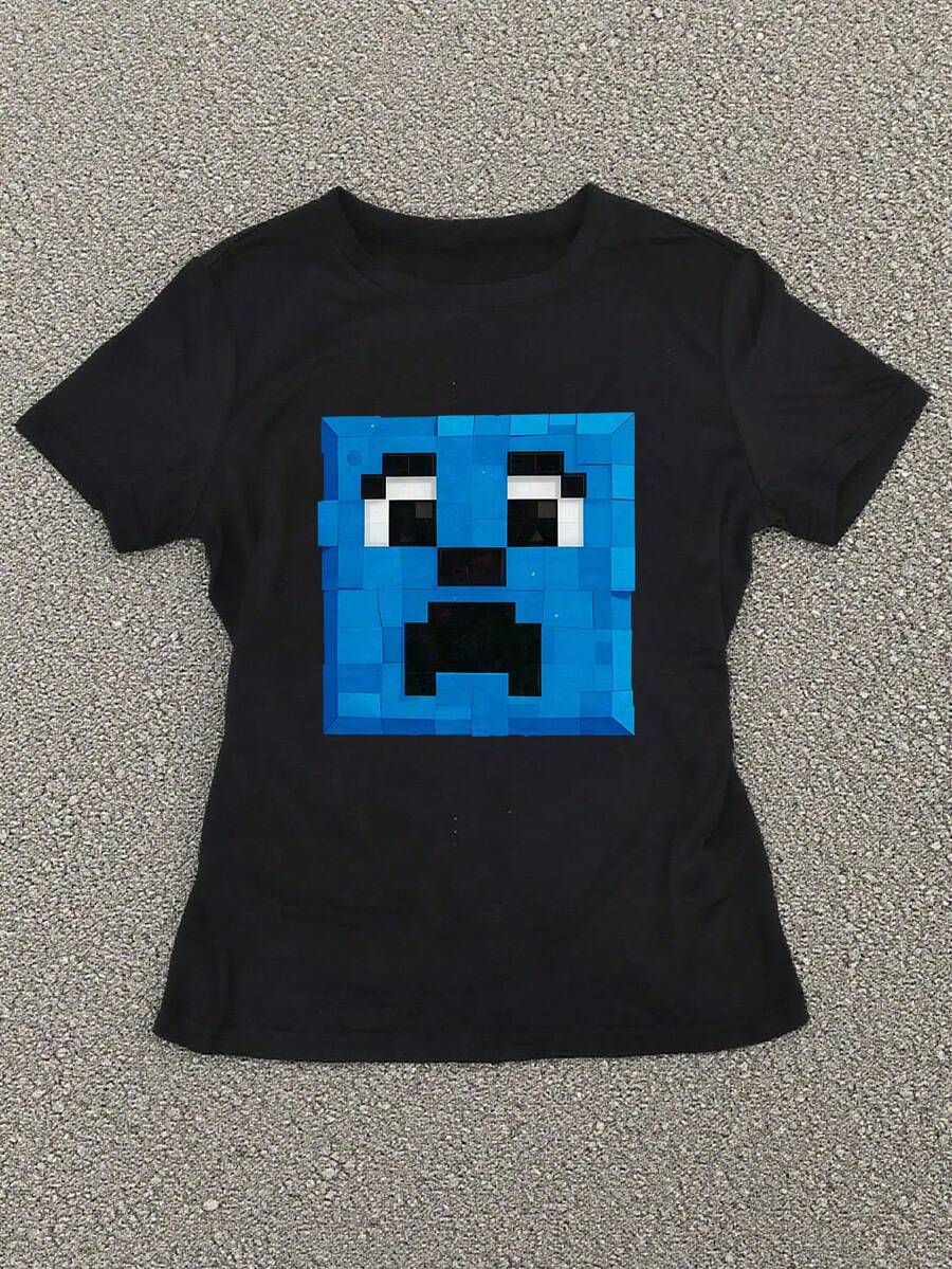 Glimmora 复古 Y2K 可爱 EMO 原宿风女款短袖圆领 T 恤，适合日常休闲穿着 - 黑色 - 查看 1