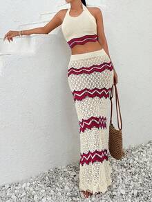 EURMUSE Women Cover-Up Knit Halter Neck Top And Skirt Set - Multicolor - View 3