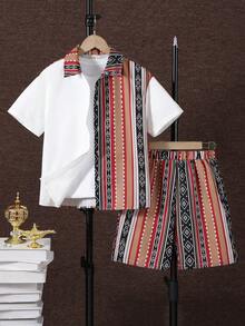 SHEIN 节日款阿拉伯长袍，传统阿拉伯服饰，阿巴雅，青少年男童休闲撞色拼接口袋短袖衬衫短裤套装，运动服白色衬衫，基础款上衣，适合春夏穿着，适合外出、情人节、约会、旅行、度假、家庭聚会、返校季、婚礼季、正式晚宴、生日派对等场合。 - 彩色 - 查看 4