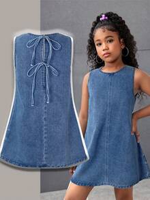 SHEIN Tween Girl Backless Tie Crew Neck Sleeveless Casual Denim Dress - Light Wash - View 3
