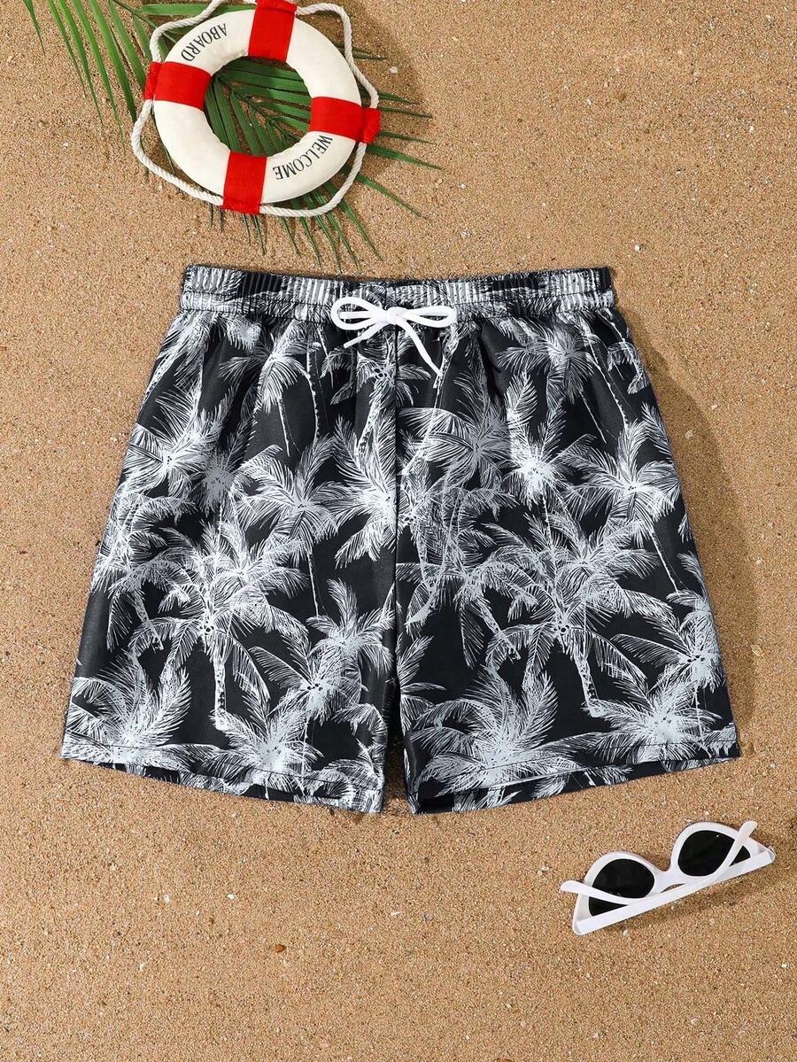SHEIN Đồ bơi cho bé trai tuổi teen, kiểu dáng thường ngày, phong cách nghỉ mát, quần đen in hình cây dừa trắng, nhanh khô, vải thoáng khí, dây rút, eo chun, dáng suông, ống đứng, rộng rãi. Áo bơi đơn cho bé trai tuổi teen, quần short đi biển, quần bơi in hình cây cọ, quần bơi nam in họa tiết. - Đen và trắng - Xem 1