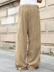 Manfinity Roghcode Plus Size Men's Casual Solid Color Wide Leg Pants - Khaki - View 2