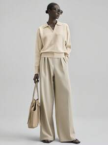 Ontre 女士宽松羊毛混纺套头衫，简约优雅商务休闲风格，适合通勤、办公、教师制服，春夏款 - 米色 - 查看 6