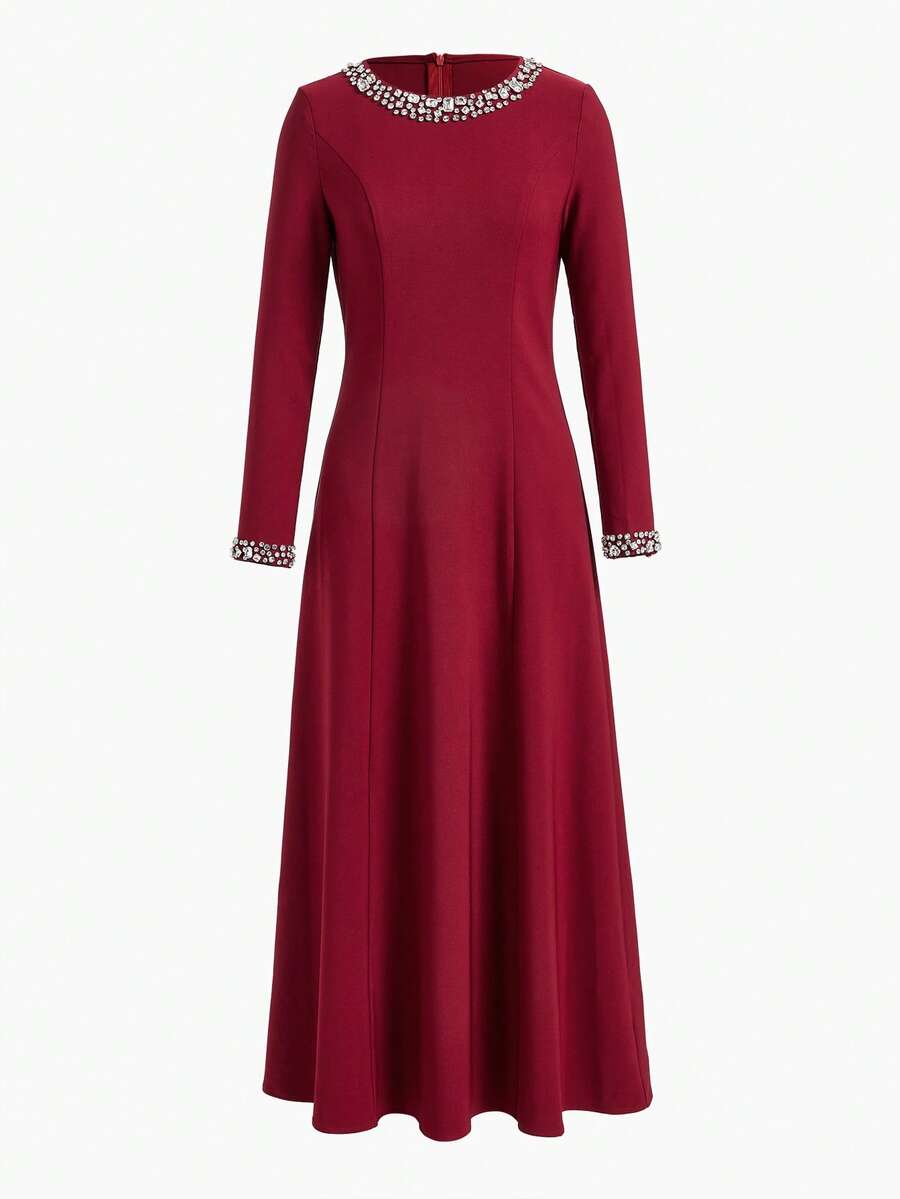 ZEYLAH Elegant Minimalist Rhinestone Embellished Long Dress For Women - Burgundy - View 1
