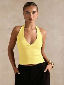 SHEIN BAE Áo tank top nữ màu trơn cổ yếm hở lưng kiểu dáng thường ngày - Màu vàng - Xem 4