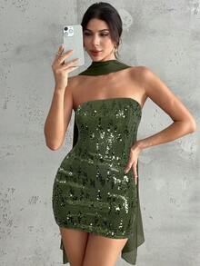 Firerie 女士新款优雅派对节日礼服棕色亮片闪亮面料无肩带露背系带修身迷你连衣裙，秋季时尚，婚礼宾客礼服，夜店装扮，外出装扮 - 橄欖綠 - 查看 6
