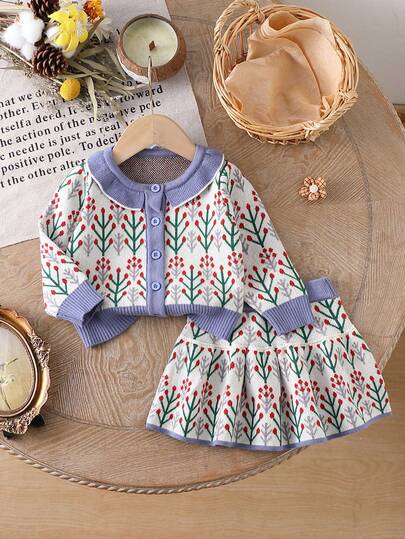 SHEIN 女婴秋季花卉拼布荷叶边针织开衫和针织裙可爱两件套