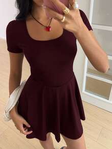 SHEIN EZwear 女士酒红色方领针织迷你连衣裙 - 酒紅色 - 查看 3