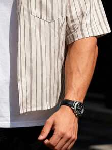 HIMLAND Men's Fashionable Striped Short Sleeve Shirt, Spring/Summer - Khaki - View 7