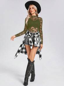 Wildy BOHO Summer Black Mesh Sheer Lace American Country Music Festival Blouse For Women See Through Top Lace Long Sleeve See Through Tops Lacey Top Sexy Women Clothes - Army Green - View 2
