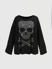 ROMWE Grunge Punk Áo thun dài tay cổ tròn dáng rộng cỡ lớn, họa tiết đầu lâu, đinh tán và đính đá. - màu đen - Xem 3