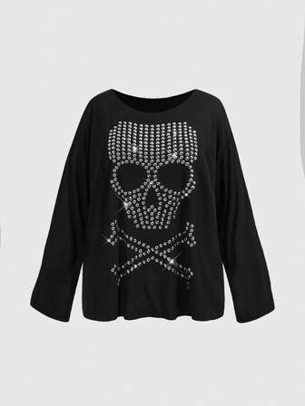 Grunge Punk Camiseta de manga larga con cuello redondo, estampado de calavera, remaches y rhinestones, corte holgado para tallas grandes