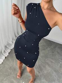 Firerie Women's Elegant Ruched Faux Pearl Decor Slim Fit Mini Dress, Summer,Summer Dresses For Women - Navy Blue - View 7