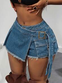 Slaydiva 大码女式纽扣设计毛边时尚牛仔工装裙裤 - 藍色 - 查看 1