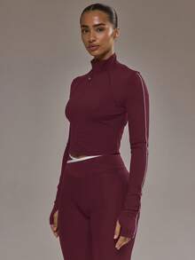 Musera Sport 拉链条纹细节短款 BBL 夹克（仅限板式网球冬季运动服，适合运动健身锻炼） - 酒紅色 - 查看 3