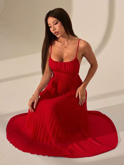 SHEIN PETITE Vestido de verano burdeos para mujer, vestido de playa plisado sin mangas minimalista para vacaciones