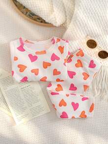 Baby Girls' Cute Heart Print Soft Comfortable Round Neck Long Sleeve Top And Pants 2 Pieces Set, Autumn - White - View 9