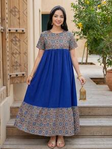 SHEIN Đầm dài tay ngắn, kiểu dáng chắp vá, mới, thích hợp cho các lễ hội, tiệc tùng và mặc hàng ngày, áo choàng Abaya truyền thống Trung Đông dành cho nữ tuổi teen. - Màu xanh lam - Xem 3