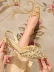 CUCCOO TILAWA Women's Pointed Toe Rhinestone Buckle Design Fashionable Glamorous High Heel Sandals Valentine's Day - Gold - View 6
