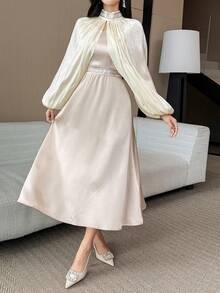 DAZY Women's Elegant Sleeveless Patchwork Dress With Mandarin Collar & Lantern Sleeve Cover Up Set, Autumn/Winter - Beige - View 4