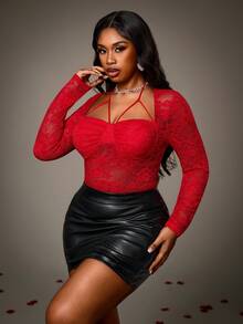 Truni Plus Size Women's Sexy Red Lace Sheer Long Sleeve Bodysuit, Suitable For Dates And Parties, For Pear & Triangle Body Shape Valentine's Day Outfit - Red - View 3