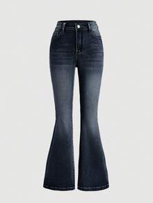 SHEIN Girlism 少女Y2K风格水洗刺绣细节喇叭牛仔裤，带斜插口袋 - 深色水洗藍 - 查看 2