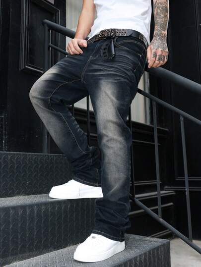 Manfinity LEGND Men's Retro Vintage Horseshoe Cowboy Jeans, Slim Fit Flared Leg Pants