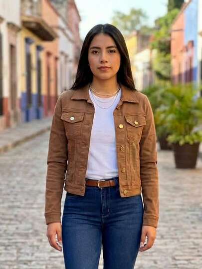 Mujer chaqueta casual urbana denim diseño clásico botones metálicos ajuste estándar cuello solapa manga larga primavera otoño uso diario exterior