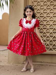 Mädchen beliebtes Kleid mit Rosen-Blumen-Mesh-Spitze-Patchwork, geeignet für Frühling/Sommer, weich & bequem, Mesh-Spitze-Patchwork-Design, rotes Rosen-Muster, Schleifen-Dekor, lässig elegant, geeignet für Ausflüge, Lässig-Anlässe - Violett - Übersicht 1